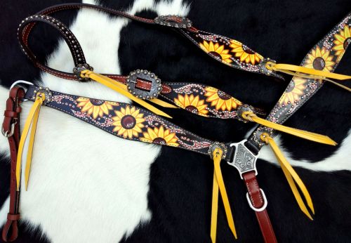 Showman Hand Painted Sunflower Print One Ear Headstall and Breastcollar Set #3